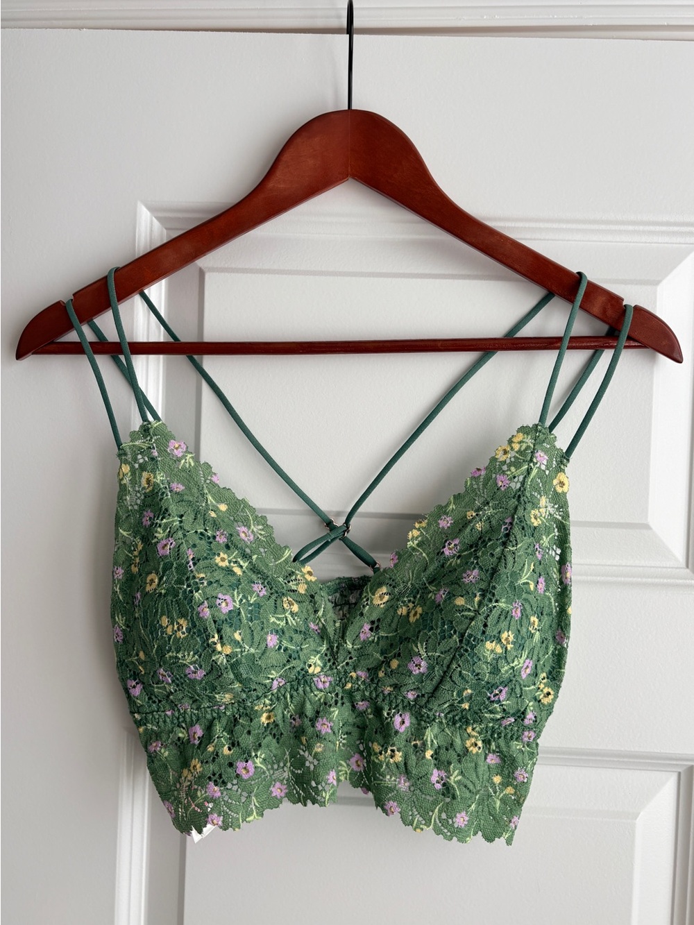 Victoria's Secret Green Floral Lace Bralette with Pink and Yellow Accents L